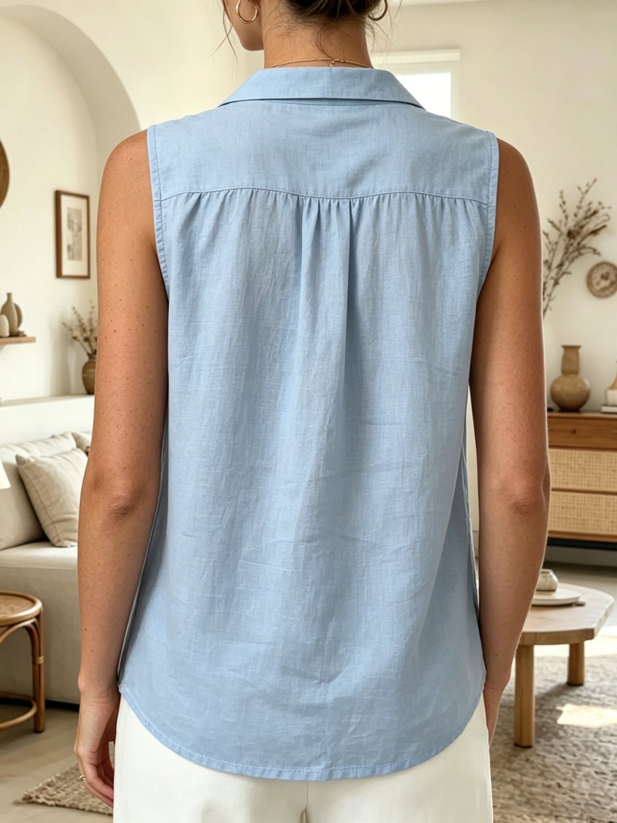 Women's Casual Sleeveless Collared Pleated Cotton Shirt