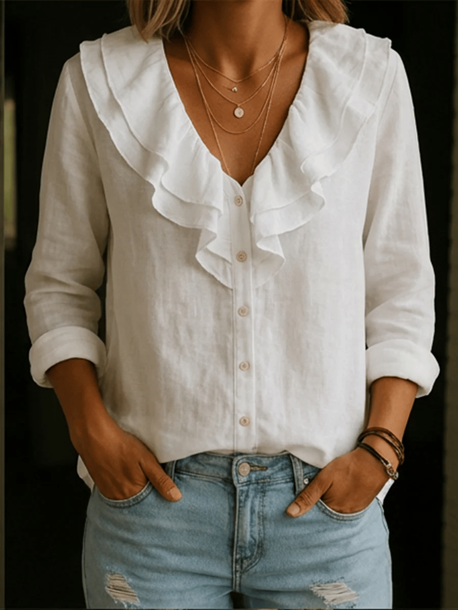 Women's Retro Ruffle Collar Cotton Linen Shirt