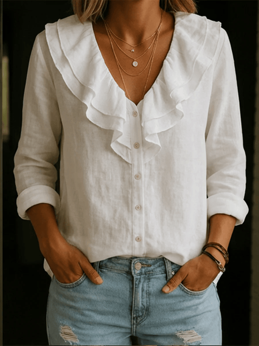 Women's Retro Ruffle Collar Cotton Linen Shirt