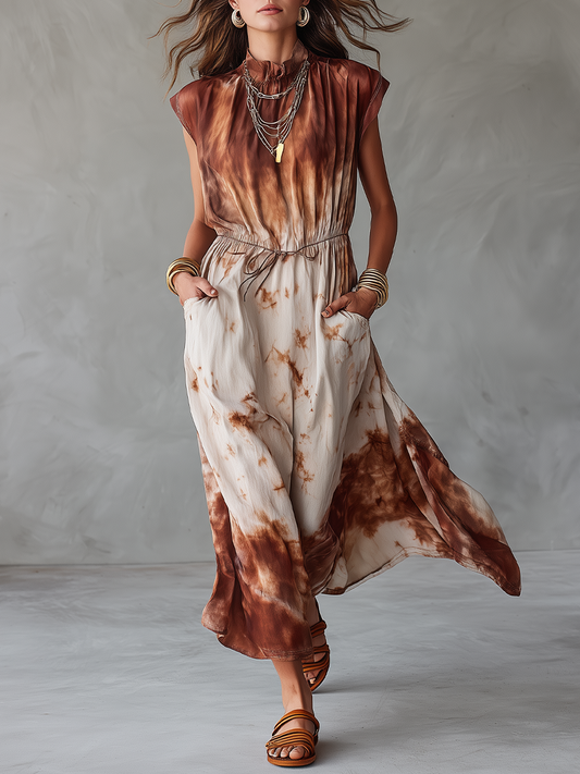 Minimal Mocha Tie-Dye Drawstring Maxi Dress