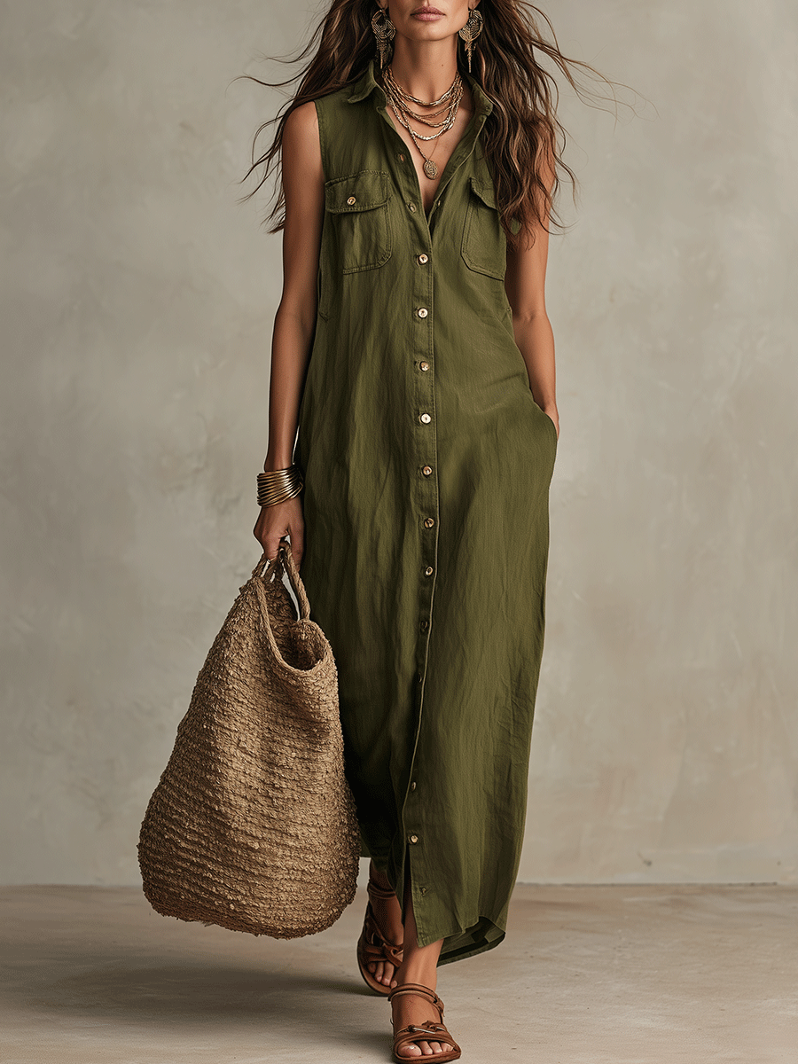 Effortless Olive Boho Button-Down Maxi Shirt Dress