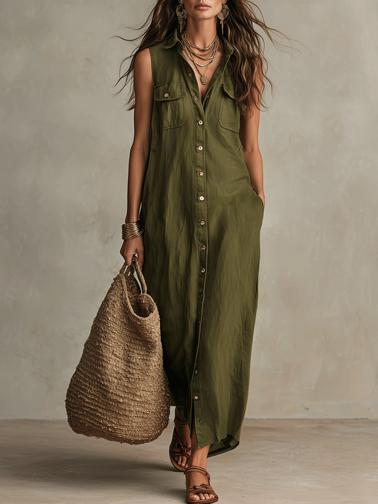 Effortless Olive Boho Button-Down Maxi Shirt Dress