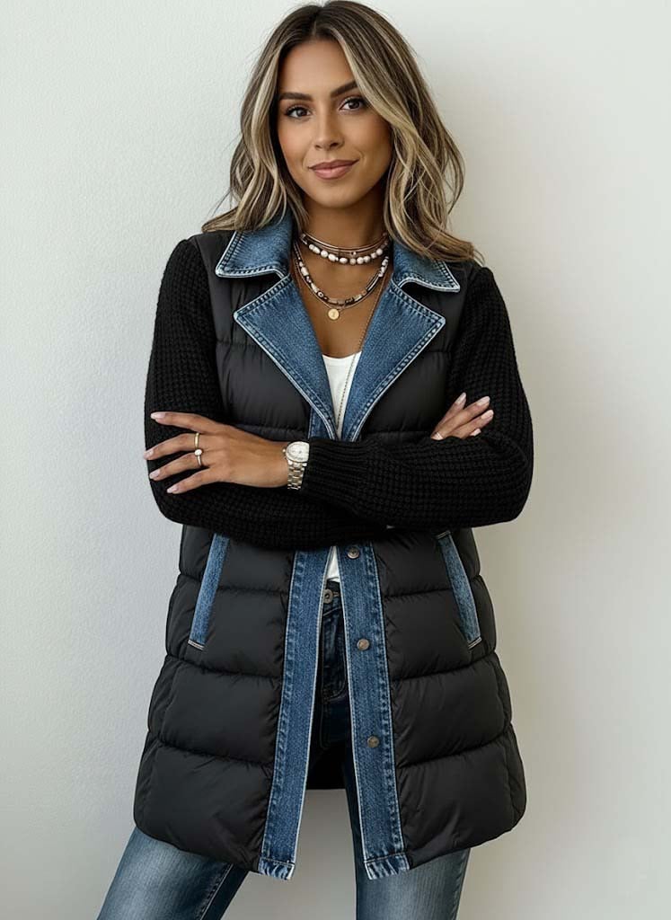 Women's Casual Knit Paneled Denim Cotton-Padded Coat