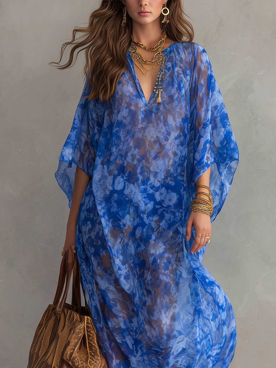 Lightweight Bohemian Blue Floral Print Maxi Dress
