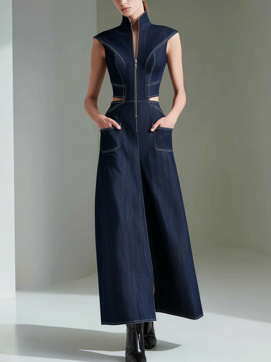 Architectural High-Neck Denim Maxi Dress