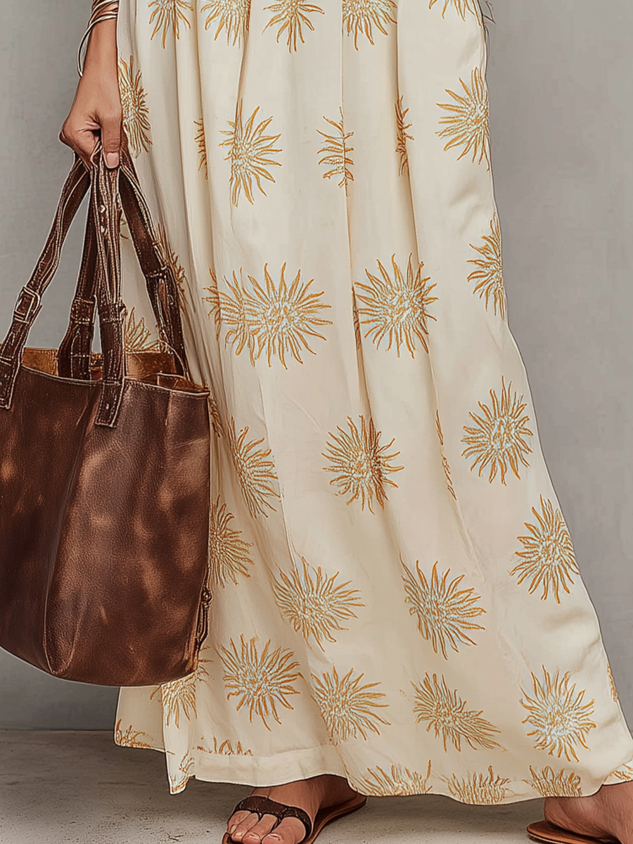 Sunny Sun-Print Smocked Spaghetti Strap Maxi Dress