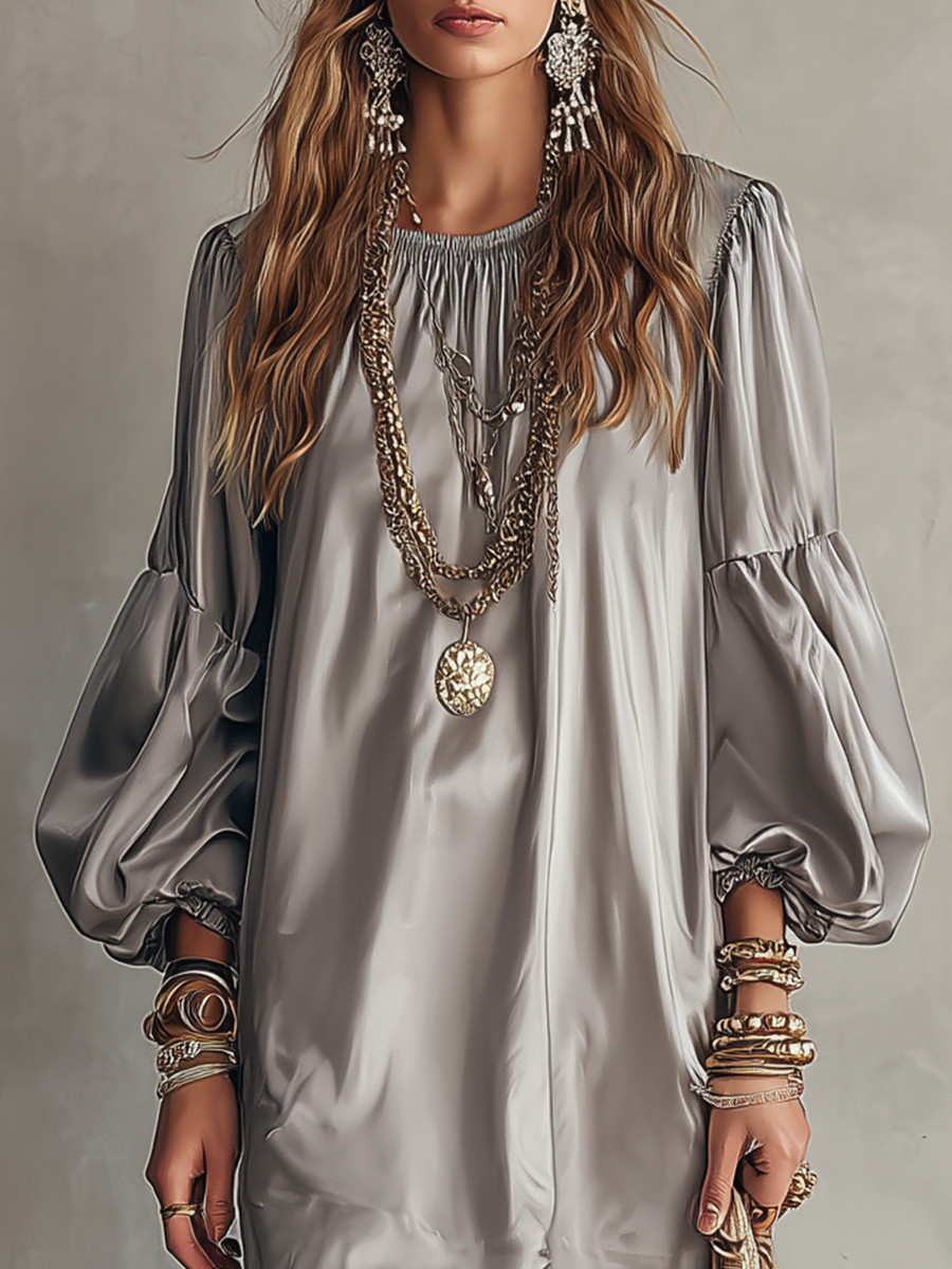 Bohemian Style Silver Grey Puff Sleeve Dress