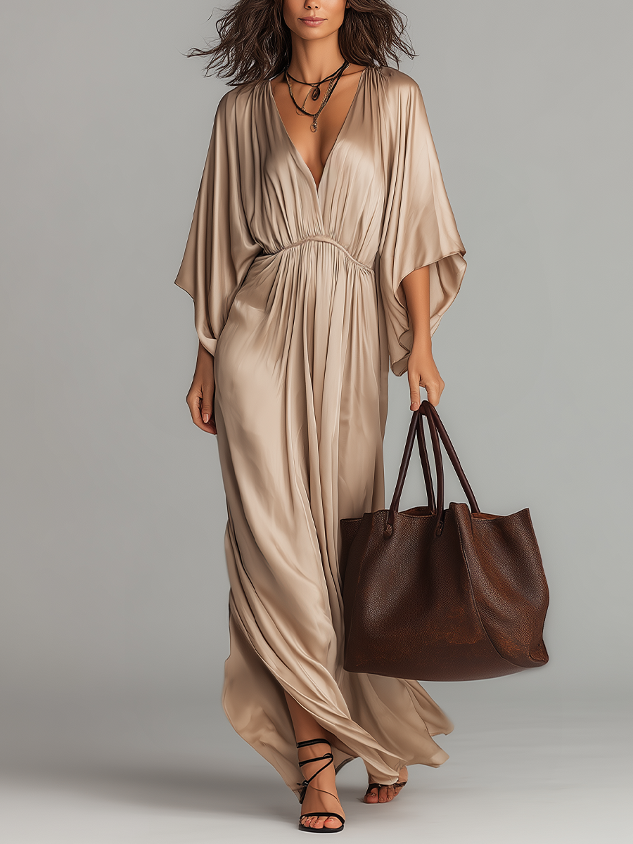 Elegant Draped Satin Kaftan Maxi Dress