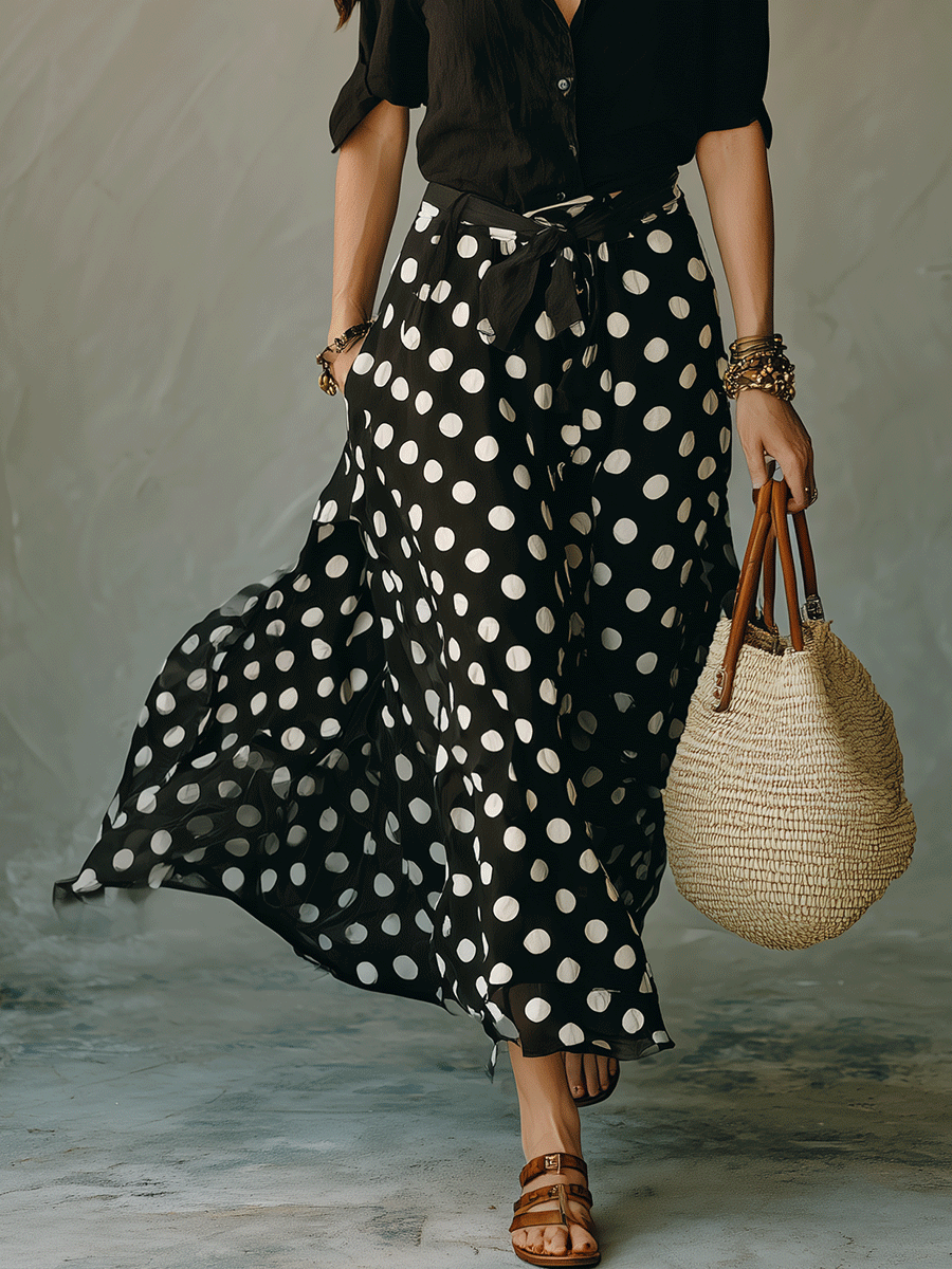 Effortless Boho Button-Down Top With Polka Dot Skirt