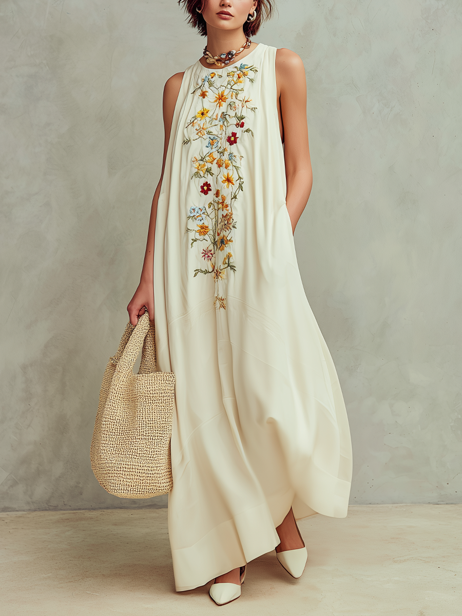 Elegant Floral Embroidered Sleeveless Oversized Maxi Dress
