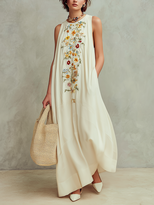 Elegant Floral Embroidered Sleeveless Oversized Maxi Dress