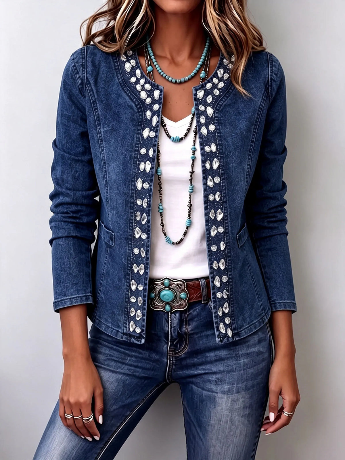 Elegant Rhinestone Trim Stretch Denim Jacket