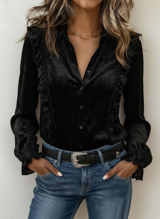 Women's Casual Velvet Collared Button-Up Shirt