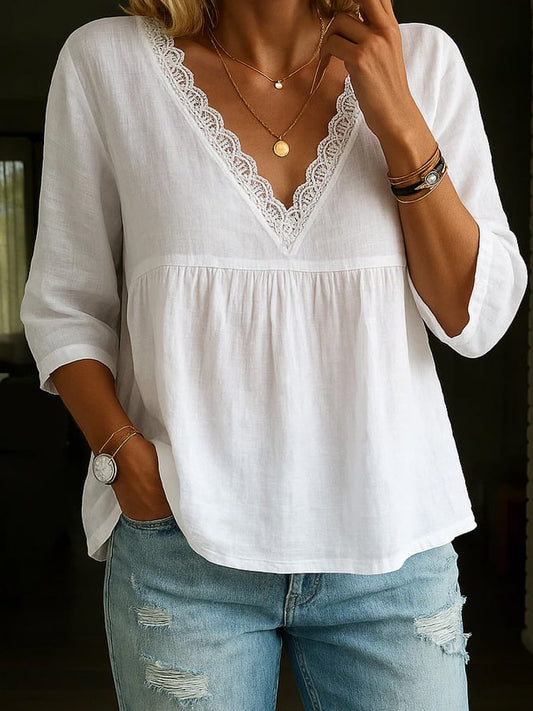 Women's Retro Lace Patchwork Cotton Linen Shirt