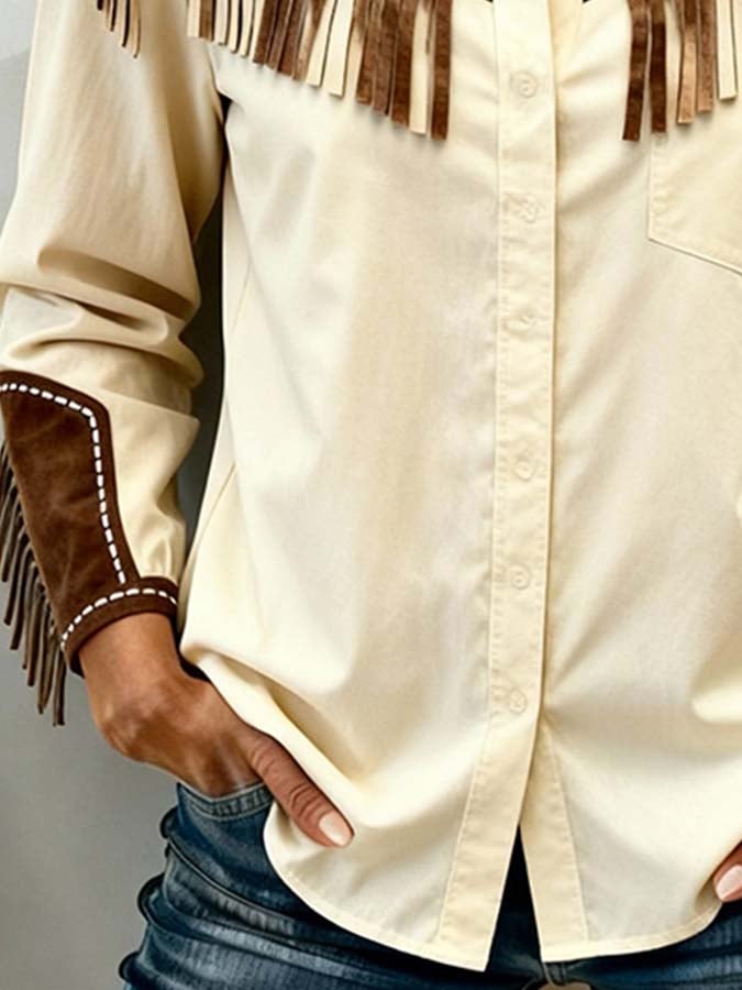 Women'S Casual Color-Blocked Fringed Shirt