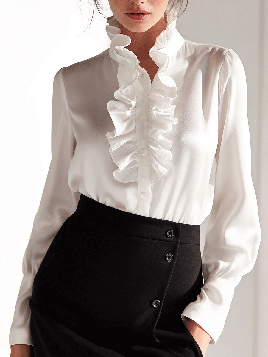 Classic White Ruffle Neck Button-Up Blouse