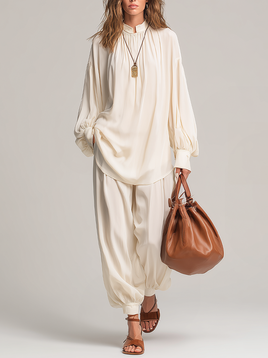 Polished Cream Stand Collar Blouse & Harem Pant Set