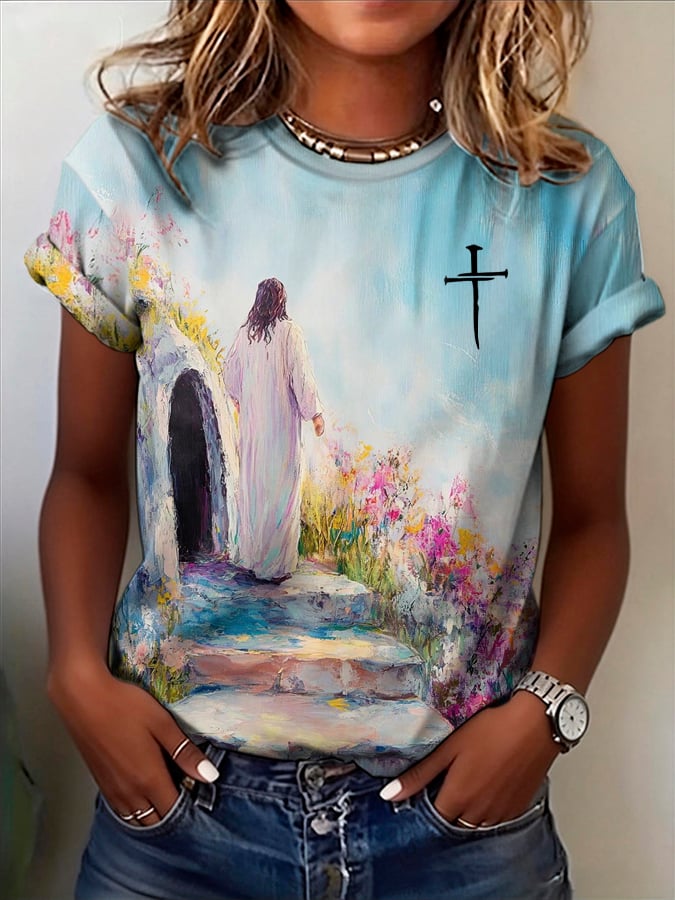 Women's Easter Cross Printed Casual T-Shirt