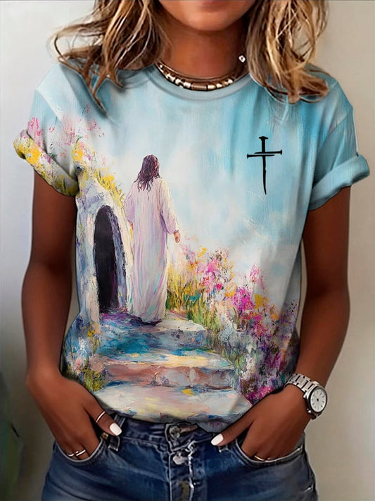 Women's Easter Cross Printed Casual T-Shirt