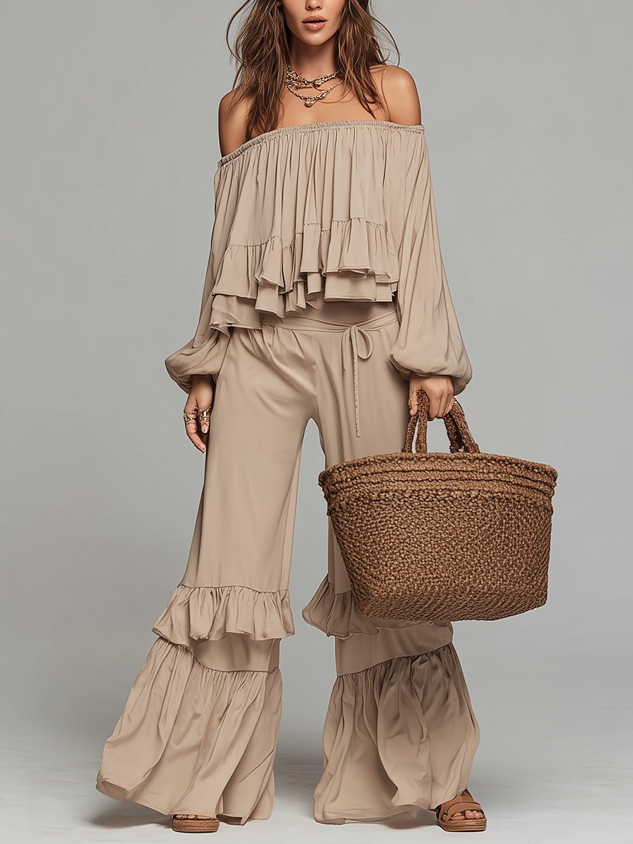 Soft Ruffle Off-Shoulder Pants Set
