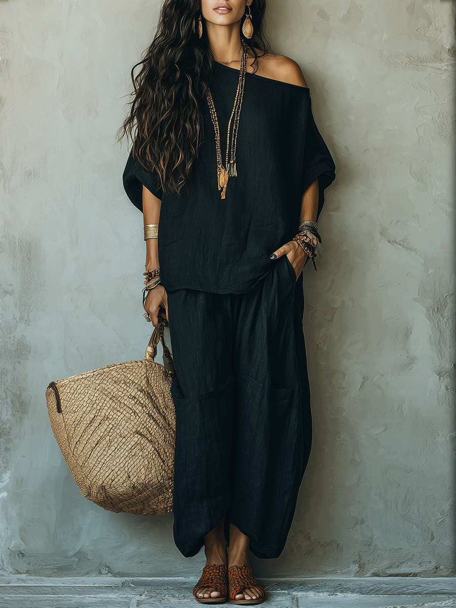 Minimalist Bohemian Oversized Top And Wide-Leg Pants Comfort Set