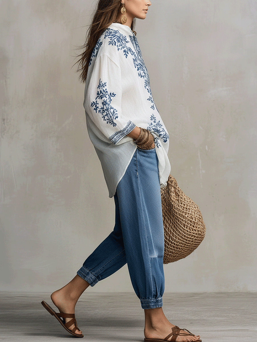 Retro Blue Printed Bohemian Style Shirt And Denim Set