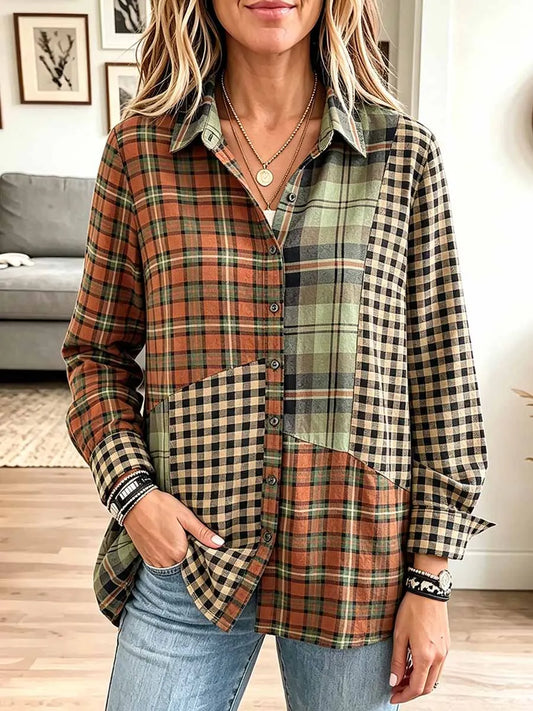 Women's Plaid Print Patchwork Collared Long-sleeved Casual Loose Cotton Linen Shirt