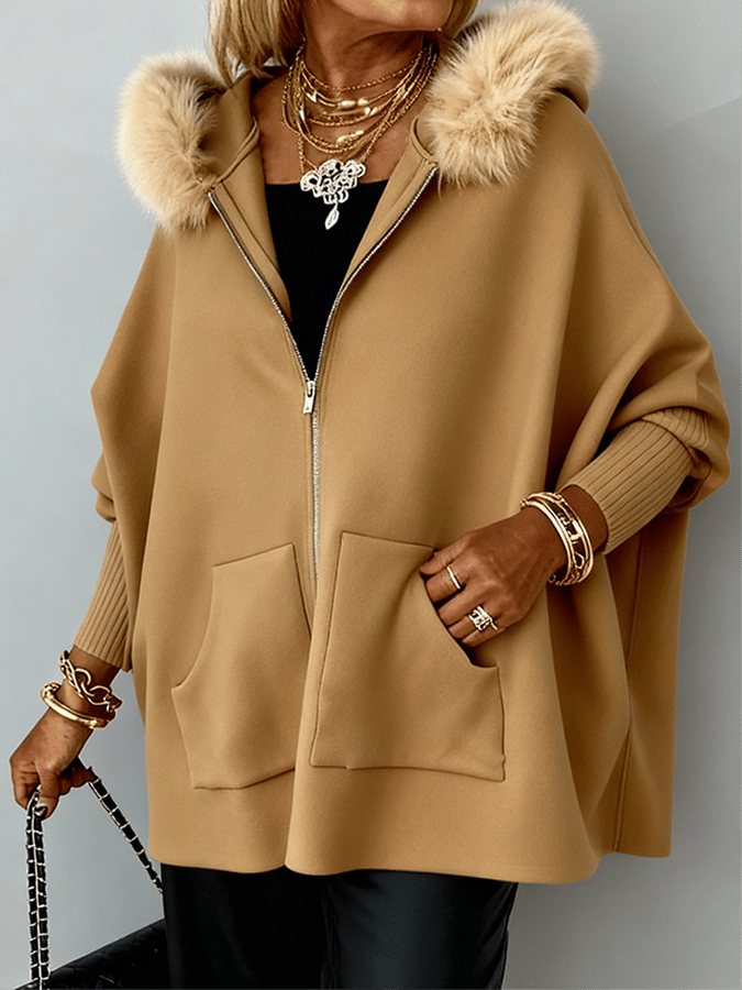 Women'S Casual Loose Hooded Fur Collar Cardigan Jacket
