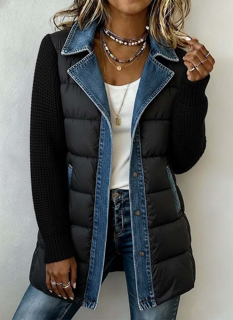 Women's Casual Knit Paneled Denim Cotton-Padded Coat