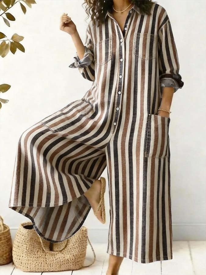 Women'S Casual Striped Color-Block Printed Jumpsuit