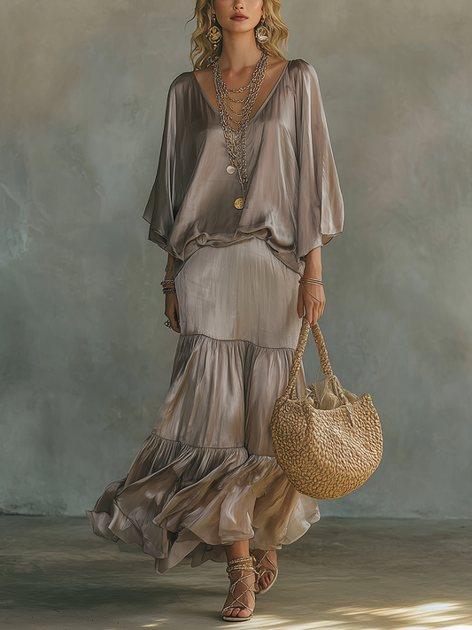 Soft Gray Flowing Ruffle Skirt Set