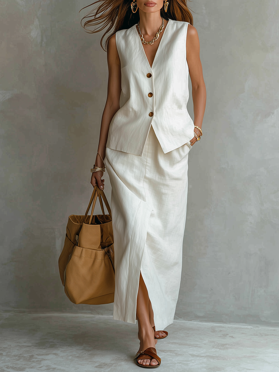 Minimalist Linen Vest  Split Midi Skirt Set