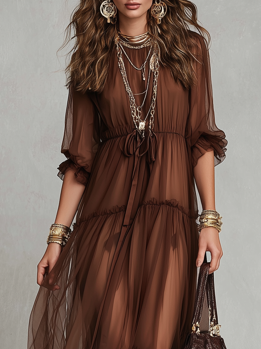 Bohemian Style Brown Tulle Maxi Dress