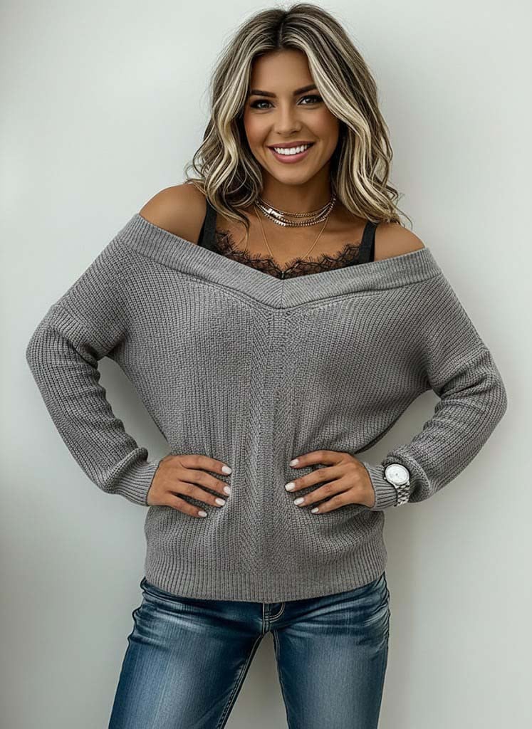 Women's Casual Patchwork Lace Off-the-shoulder Pullover Sweater