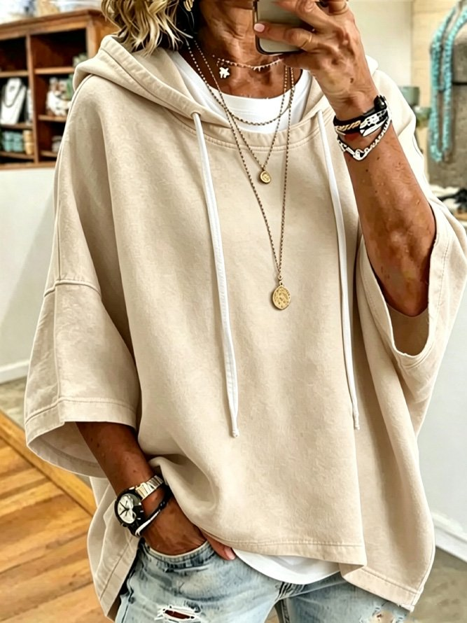Women's Solid Oversized Hoodie Short Sleeve Sweatshirt