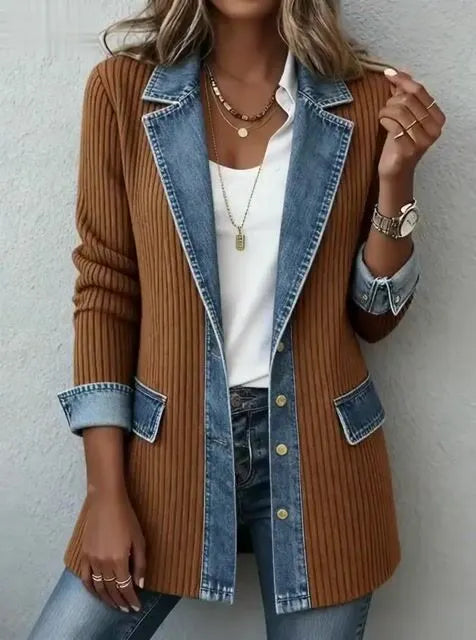 Women'S Casual Denim Contrast Color Stitching Coat