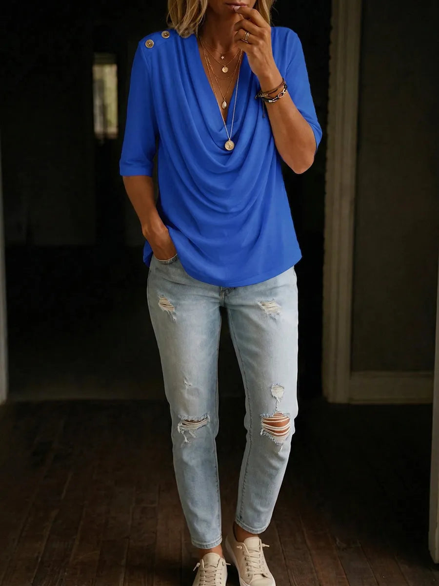 Elegant Cowl-neck Half-sleeve Cotton T-shirt