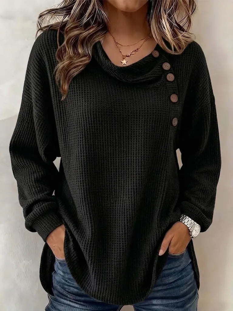 Women's Solid Color Waffle-knit Long-sleeve Button-down Casual Shirt / Comfortable Top