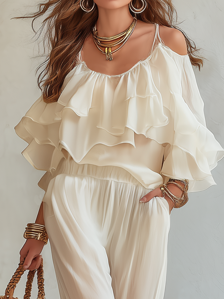 Romantic Ivory Ruffle Top & Relaxed Pants Set