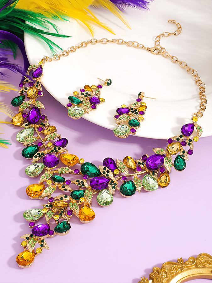 Mardi Gras Carnival Necklace And Earrings Set With Three-Color Rhinestones, Party Jewelry Set.