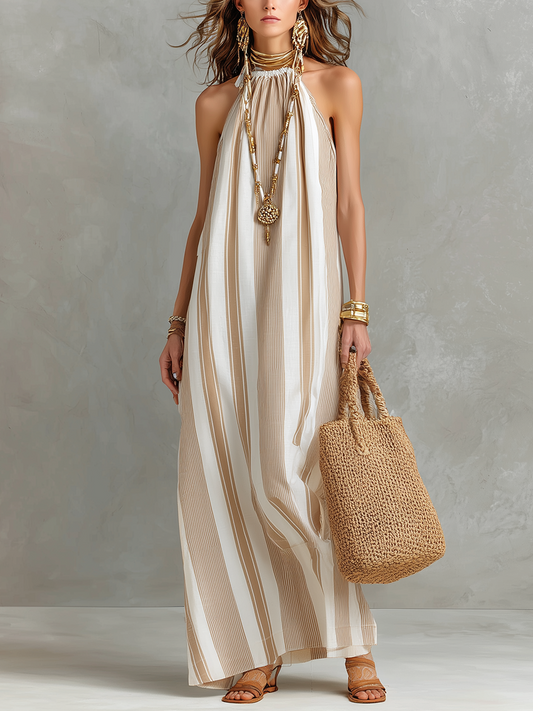 Sophisticated And Elegant Halter Neck Striped Maxi Dress