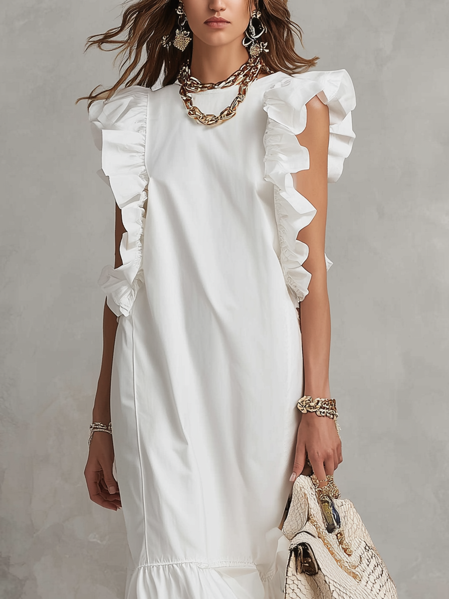 Resort Style White Elegant Ruffled Sleeve Long Dress