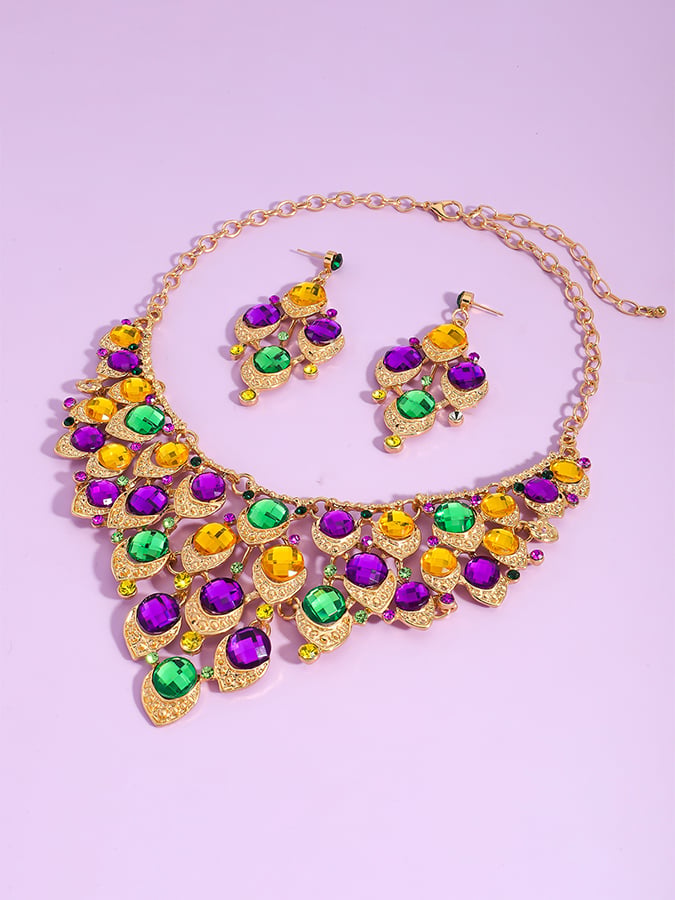 Mardi Gras Carnival Necklace And Earrings Set With Three-Color Rhinestones, Party Jewelry Set.
