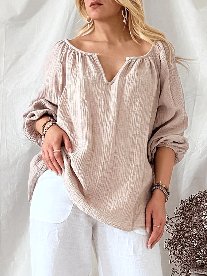 Solid Color Round Neck Cotton Linen Casual Shirt