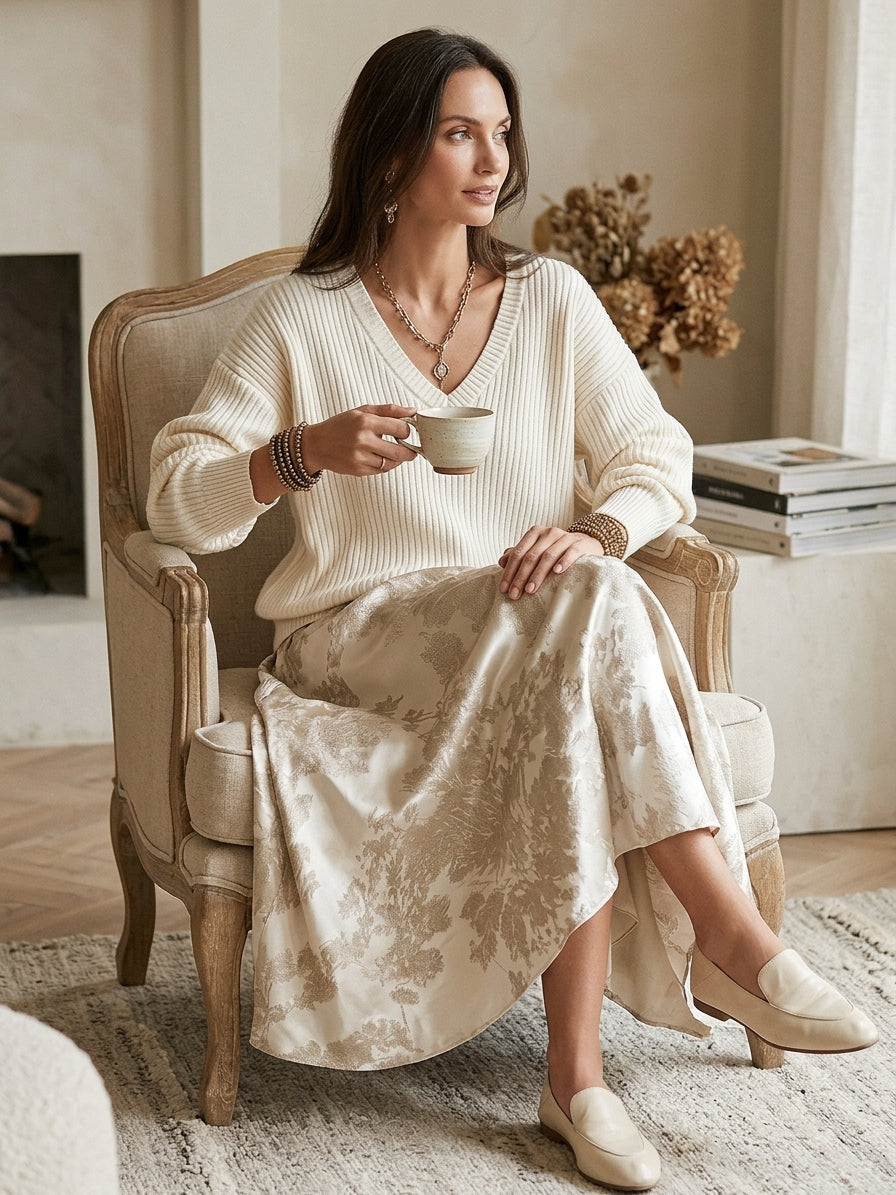 Elegant V-Neck Ribbed Sweater & Jacquard Skirt Set