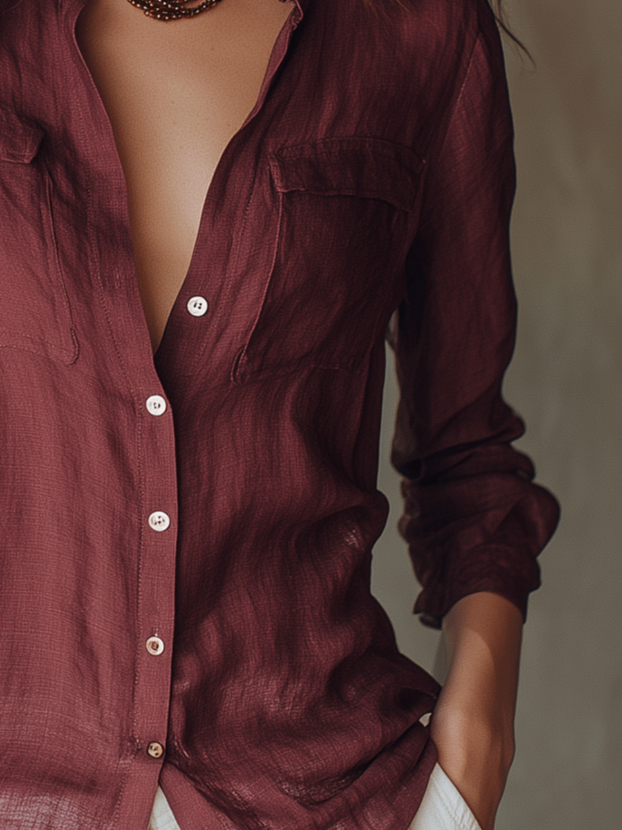 Vintage Wine Red Sheer Linen Button-Down Blouse And Shorts