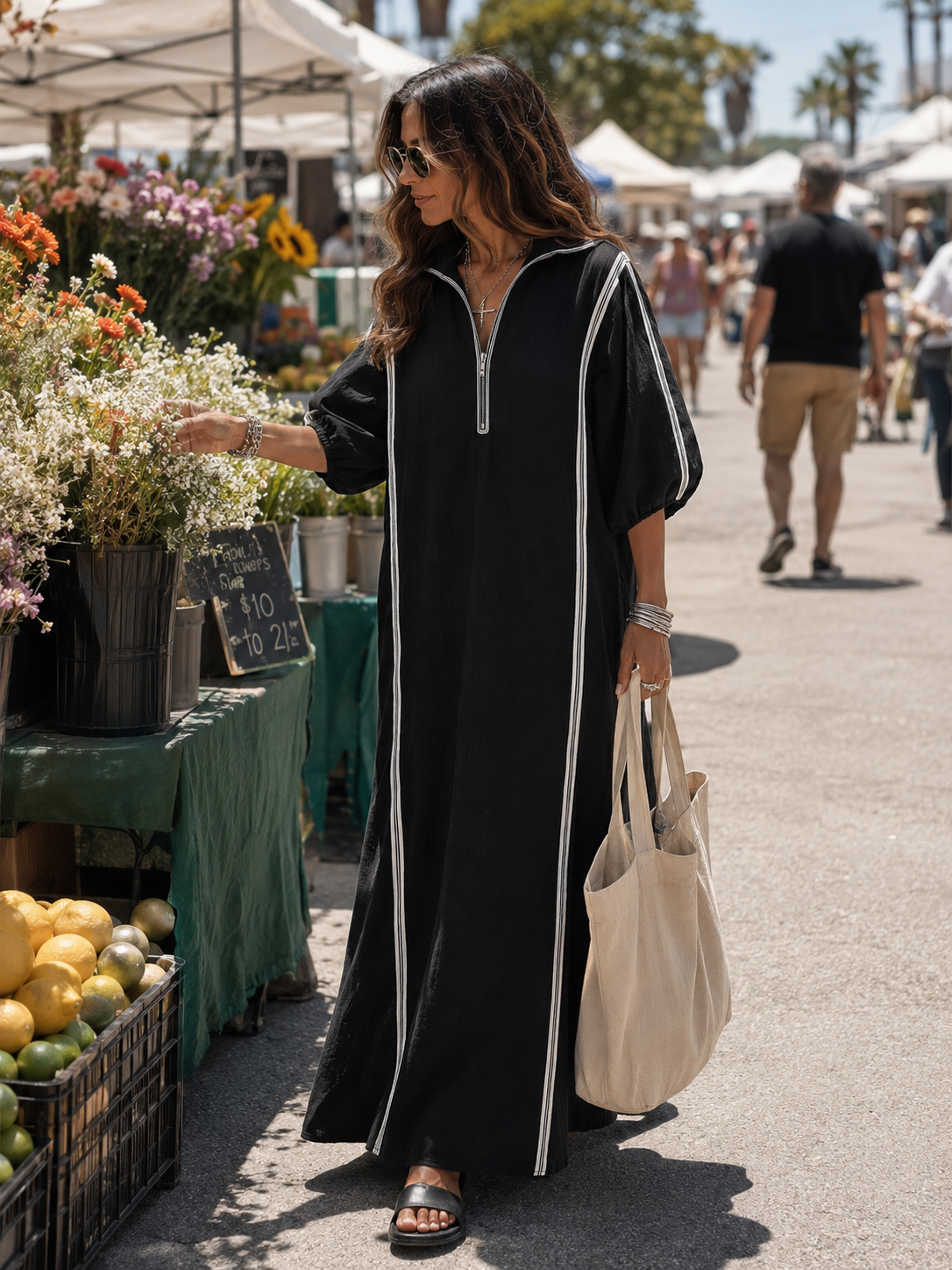 Women's Zip Collar Contrast Striped Long Sleeve Maxi Dress