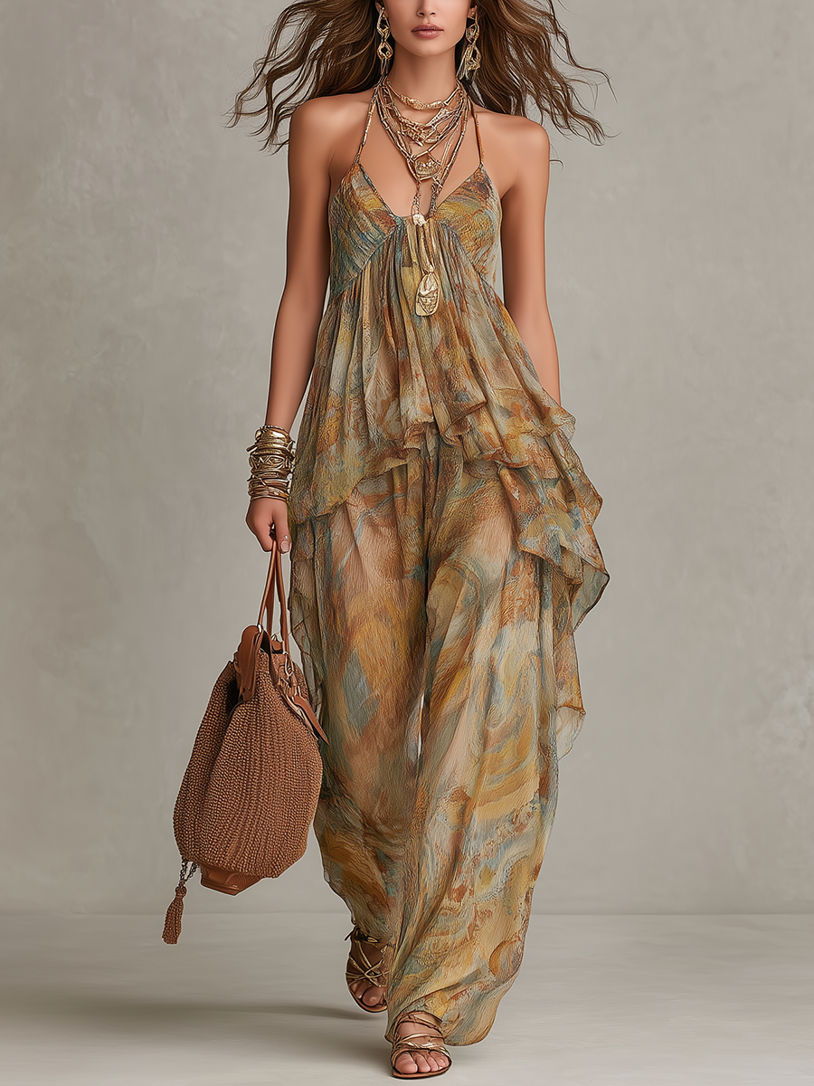 Bohemian Print Chiffon Ruffled Camisole Top And Wide Leg Pants