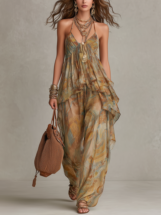 Bohemian Print Chiffon Ruffled Camisole Top And Wide Leg Pants