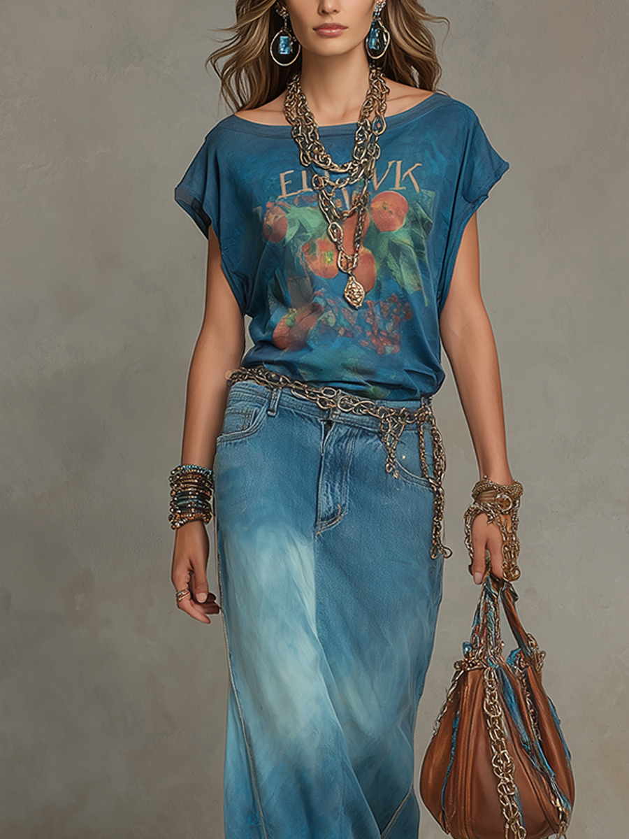 Bohemian Blue Printed T-shirt Paired With A Denim Maxi Skirt
